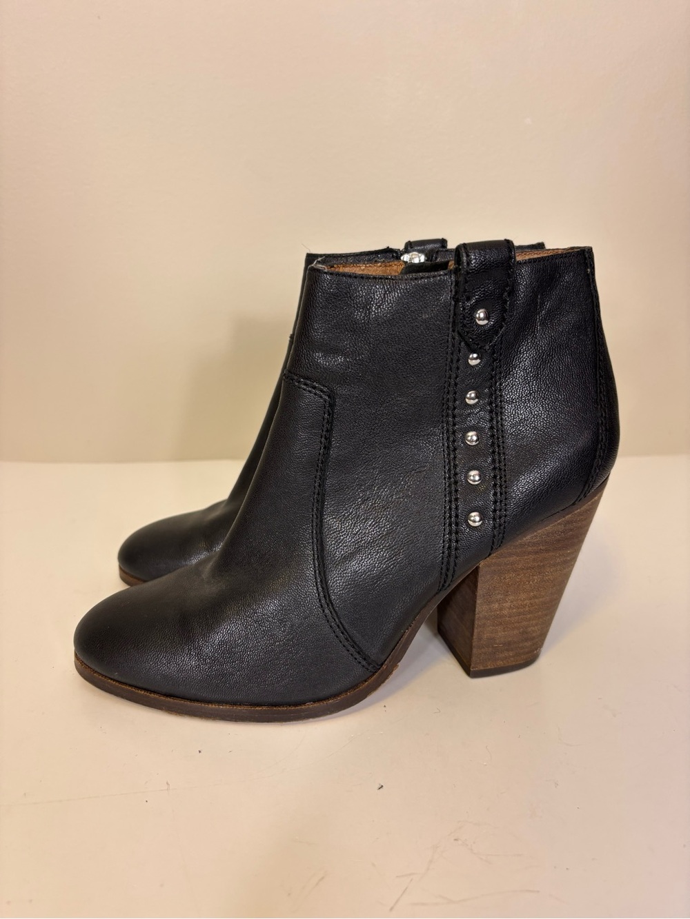 Coach Black Leather Heeled Ankle Booties with Stud Trim Womens 8.5